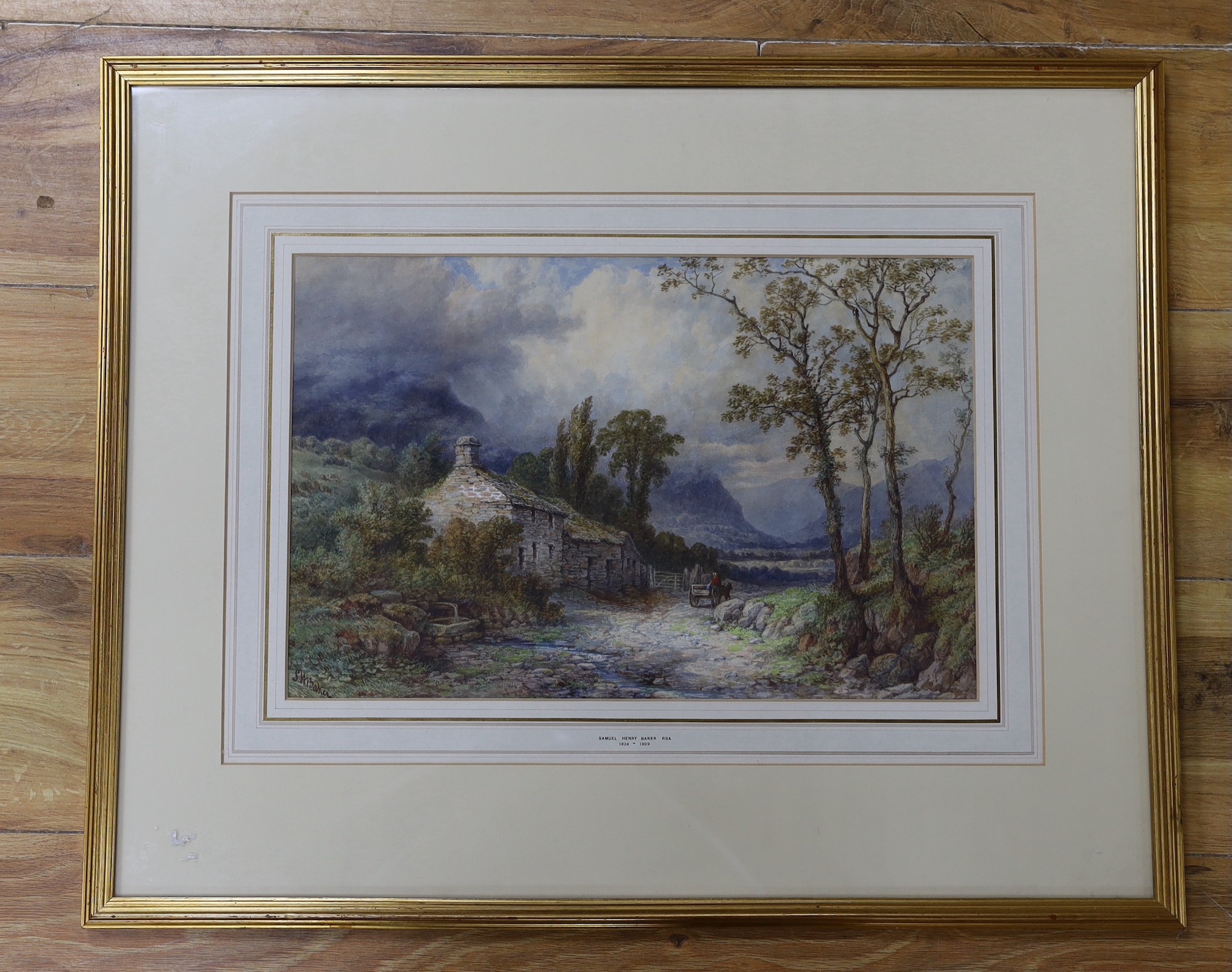 Samuel Henry Baker RBA (1824-1909), watercolour, Cart passing stone cottages, signed, 26 x 40cm